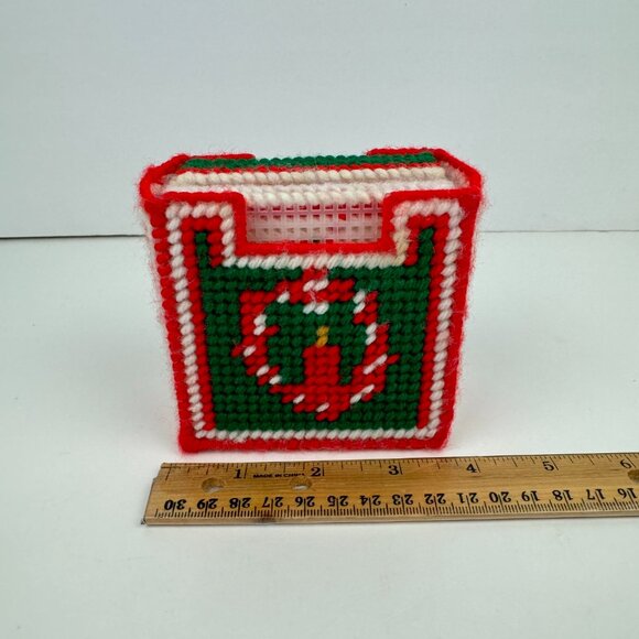 7 Vintage Christmas Holiday Plastic Canvas Coasters w Holder Yarn Candle Design - Picture 1 of 11